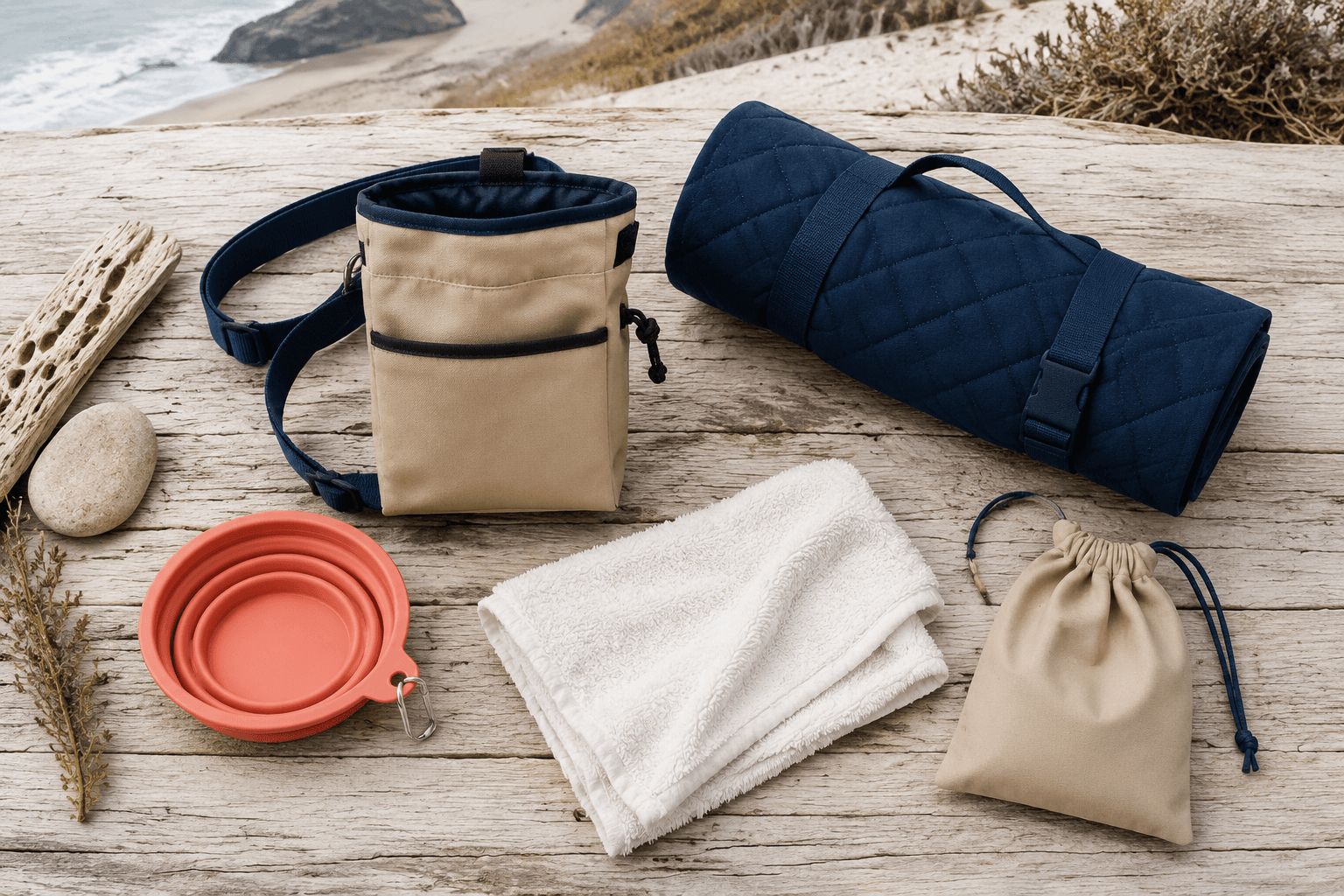 A coastal dog trip kit laid out on driftwood: sand walk pouch, navy travel mat, white towel, coral collapsible bowl and a storage bag