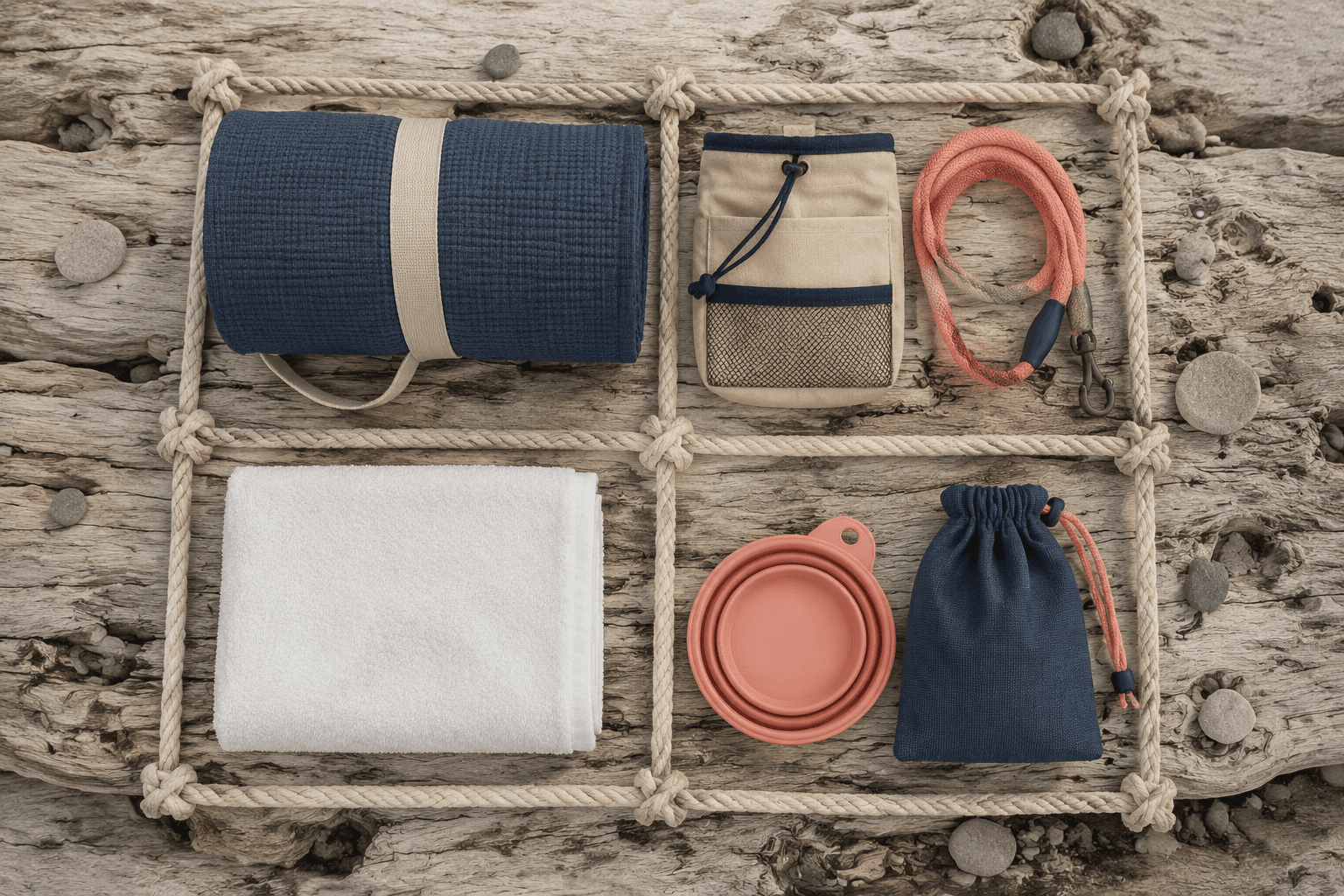 A coastal pet trip packing board split into four labelled zones with a travel mat, walk pouch, towel, collapsible bowl and storage bag